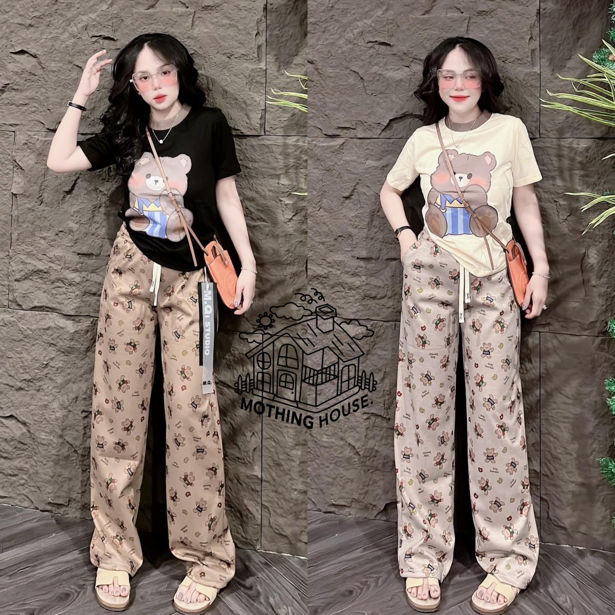 Korean Style Women's Summer Casual Set Cartoon Print Wide Leg Pants Short Sleeved Top Loose Fit Two-Piece Outfit_ecoleips.com