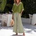 Women's V Neck Top And Straight Striped Casual Trousers Clothing Set_ecoleips.com
