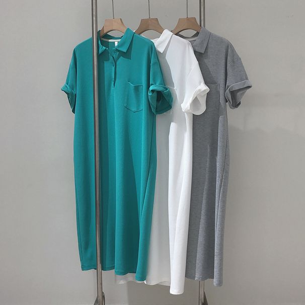Korean POLO Collared plus Size Cotton Dress for Women Summer Casual Loose Slimming Short Sleeved over the Knee T Shirt Dress_ecoleips.com
