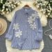 Cross-border European American Striped Long-sleeve Shirt For Women, Summer, With Three-dimensional Floral Embellishments_ecoleips.com