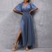 Women's Clothing Ins New Elegant And Generous Deep V Neck Design With Slits On Both Sides And Pleated Waist Long Skirt_ecoleips.com