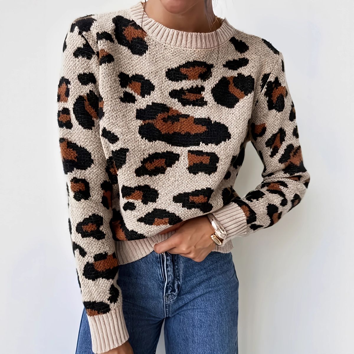 Women's Clothing Autumn And Winter Women's Leopard Print Jacquard Knit Pullover Sweater - Round Neck, Long Sleeve, Comfortable & Stylish Casual Top_ecoleips.com