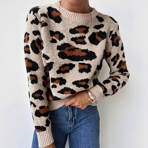 Women's Clothing Autumn And Winter Women's Leopard Print Jacquard Knit Pullover Sweater - Round Neck, Long Sleeve, Comfortable & Stylish Casual Top_ecoleips.com