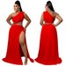 Women's Large Size Two Piece Suit Solid Color Oblique Shoulder Sexy Hip Wrapped Split European American Style_ecoleips.com