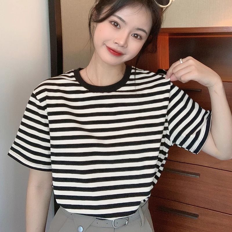 Fashionable Striped Design Korean-Style Pure Cotton Short-Sleeved Top, Summer Round-Neck Short T-Shirt, Petite Girls_ecoleips.com