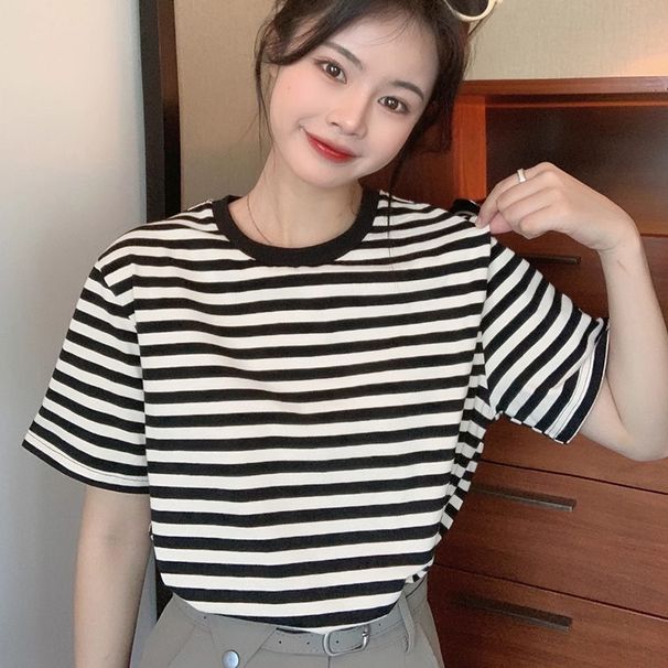 Fashionable Striped Design Korean-Style Pure Cotton Short-Sleeved Top, Summer Round-Neck Short T-Shirt, Petite Girls_ecoleips.com