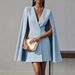 Double-Breasted Cape Dress – Polyester-Spandex Blend, V-Neck Office Wear, Versatile Fall Layering For Women_ecoleips.com