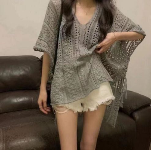 Women's Pure Hollow out Knit Top with Tie Waist Loose Fit Mid-Length Niche Style Summer Alluring Cover up_ecoleips.com