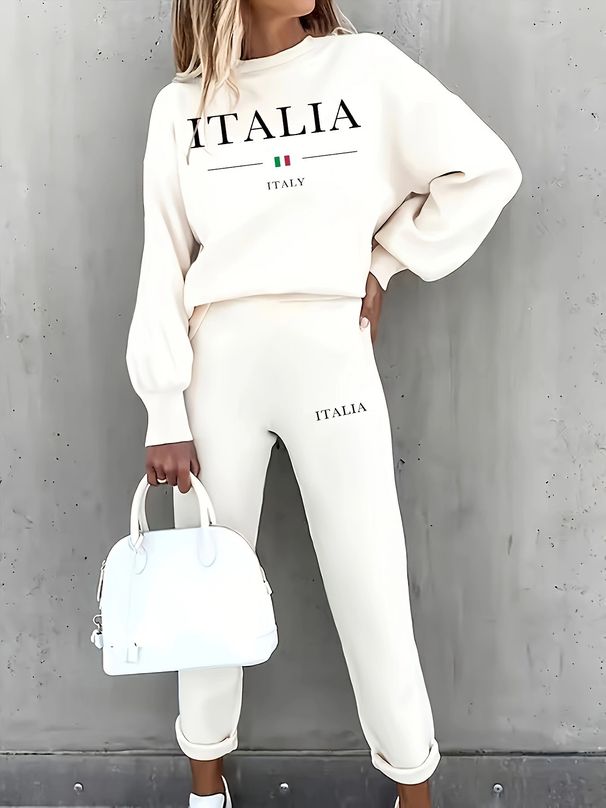 Women's Printed Two Piece Tracksuit, Long Sleeve Pullover Top And Drawstring Waist Pants, Casual Sportswear For Spring And Fall_ecoleips.com