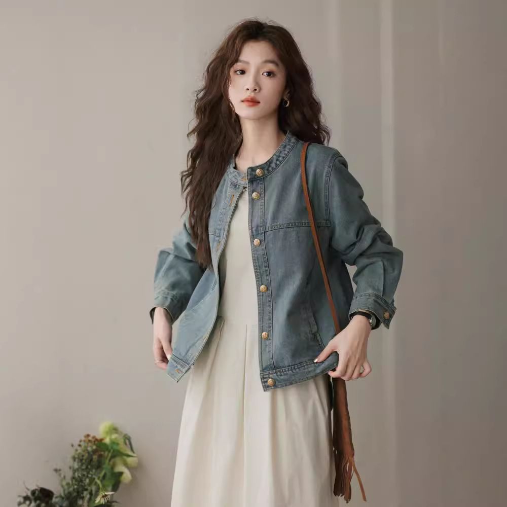 Women's Denim With Small Gold Buttons And Round Collar, Ins 2024 New Autumn Design, Washed Vintage Style, Trendy Jacket_ecoleips.com