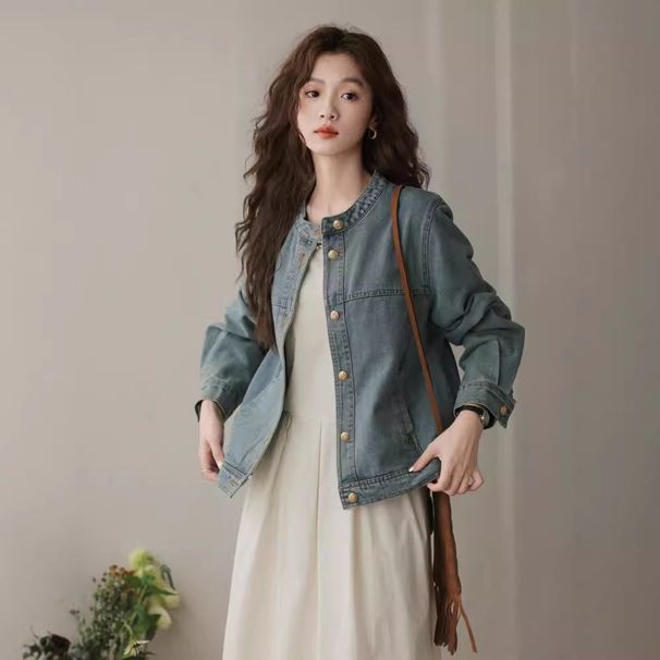Women's Denim With Small Gold Buttons And Round Collar, Ins 2024 New Autumn Design, Washed Vintage Style, Trendy Jacket_ecoleips.com
