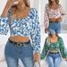 2026 Spring/Summer European And American Floral Lantern Sleeve Tie-Waist Chiffon Crop Top - Independent Cross-Border_ecoleips.com