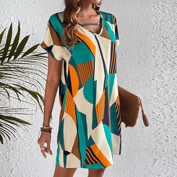 Women's Casual Elegant V-Neck Dress Geometric Print Flowy A-Line Midi Short Sleeve Dress for Vacation Elegant Style_ecoleips.com