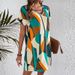 Women's Casual Elegant V-Neck Dress Geometric Print Flowy A-Line Midi Short Sleeve Dress for Vacation Elegant Style_ecoleips.com