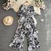 Gentle Style Women's Bubble Jumpsuit V Neck Short Sleeve High Waisted Slimming Porcelain Print Wide Leg Casual Jumpsuit_ecoleips.com