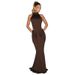 Women's Summer Slim Fit Sleeveless Long Dress J26DS007 European American Style Casual Solid Color Backless Pleated Halter Neck_ecoleips.com