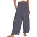 Women's Linen-Blend Elastic Waist Wide-Leg Pants - Crinkle Texture Mid-Rise Straight Leg Cropped Trousers_ecoleips.com