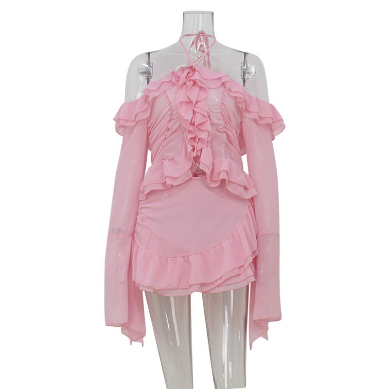 Women's Clothing Elegant Bell Sleeve Top & Skirt Set – Romantic Ruffled Women's Outfit For Summer & Spring_ecoleips.com