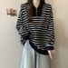 European American Style Spring And Autumn Navy Collar Casual Sweatshirt For Women, Striped Shirt, Plus Size, Unique_ecoleips.com