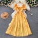 French Style Women's Long Dress Square Neck Puff Sleeve Striped Pattern Korean Summer Waist Cinching A-Line Skirt For Elegant Dates_ecoleips.com