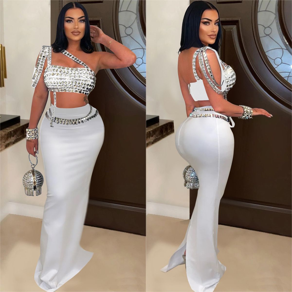 Women's Clothing New Solid Color Navel Baring Hot Diamond Off Shoulder Tube Top Vest Half Length Skirt Suit_ecoleips.com