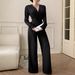 Women's Clothing Women's Elegant Temperament Solid Color Jumpsuit V Neck Long Sleeve Wide Leg Waist Cinching Spring Autumn Style_ecoleips.com