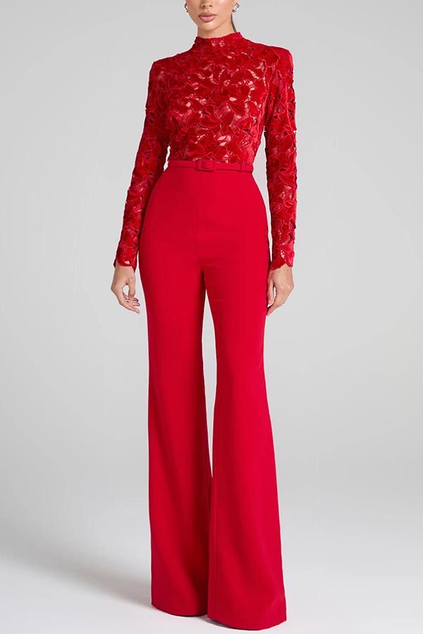 Women's Clothing autumn and winter new long sleeved belt jumpsuit flared pants casual loose party jumpsuit_ecoleips.com