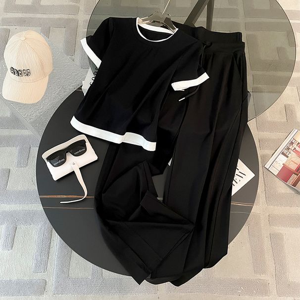 Women’s Clothing Casual Sports Suit In Summer, Contrasting Color Stitching, Round Neck Short Sleeved Top, Wide Leg Trousers, Two Piece Suit, Slim Fit_ecoleips.com