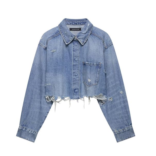 Distressed Denim Shirt Jacket For Women - Stylish Cropped Casual Top With Ripped Details (XS/S/M/L, Blue)_ecoleips.com