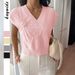 Diyun European And American Casual Vacation Deep V Neck Solid Color Short Sleeve Sweater Women's Fashion_ecoleips.com
