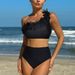 Aria Basics Foreign Trade Three-dimensional Floral Solid Black One-shoulder High-waisted Tummy-covering Two-piece Bikini Swimsuit_ecoleips.com