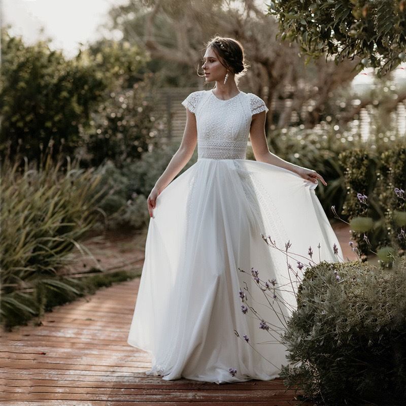 2025 Spring And Summer European And American Foreign Trade Source Retro Wedding Dress Lace Short Sleeve A Line Chiffon Dress_ecoleips.com