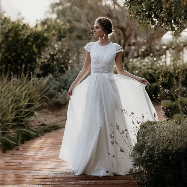 2025 Spring And Summer European And American Foreign Trade Source Retro Wedding Dress Lace Short Sleeve A Line Chiffon Dress_ecoleips.com