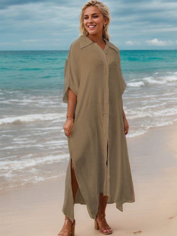 Women's Long Sleeve Beach Cover Up Dress - Bamboo Cotton Sun Protection Shirt Dress, Bikini Kimono, Loose Fit Casual Maxi Dress, 13 Colors_ecoleips.com