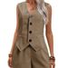Women's Clothing V-Neck Button Vest & Shorts Set – Elegant Office Wear (S-XXL, Army Green/Beige/Khaki/Black/White)_ecoleips.com