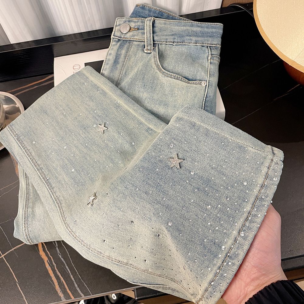 Women's Clothing Light Blue Temperament Star Hot Diamond Shining High Waist Slim Elasticity Thin Goddess Slightly Flared Denim Pants_ecoleips.com