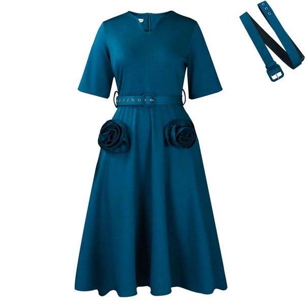 Elegant V-Neck A-Line Midi Dress With Belt - Flattering Short Sleeve Summer Dress For Women (S-XXXL, Plus Size Options)_ecoleips.com