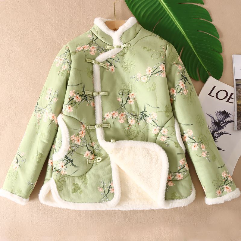 girl New Chinese Style Thickened Long Plush Jacket For Women, Youth Version Qipao Stand Collar Embroidered Button Deer_ecoleips.com