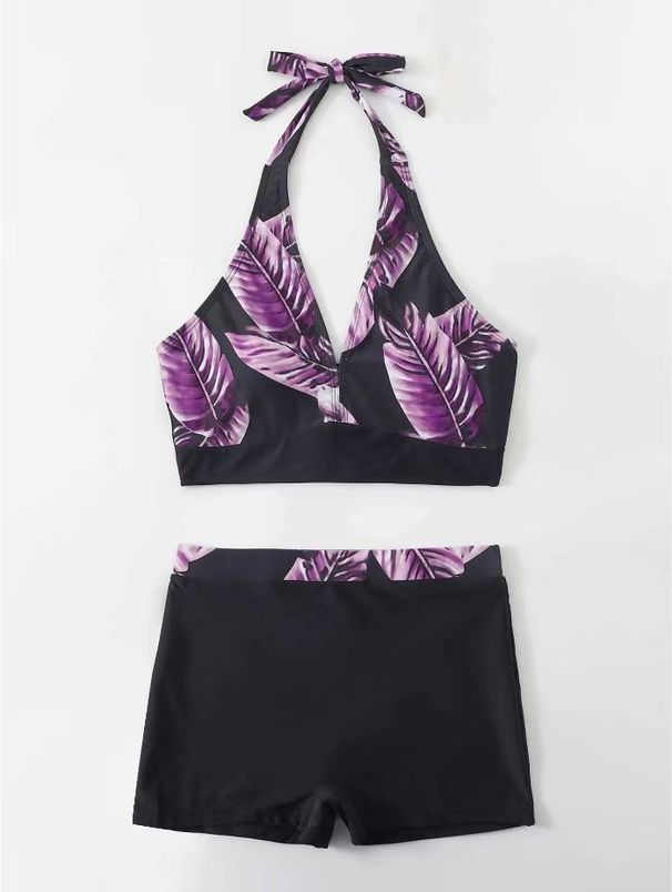 Women's Clothing Split Swimsuit Women's Digital Printing Lace Up Halter Neck Boxer Shorts Sexy Bikini_ecoleips.com