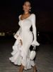 Mozision Flare Long Sleeve Ruffle Sexy Maxi Dress Women Autumn Pink V Neck Single-breasted High Waist Club Long Dresses Female_ecoleips.com
