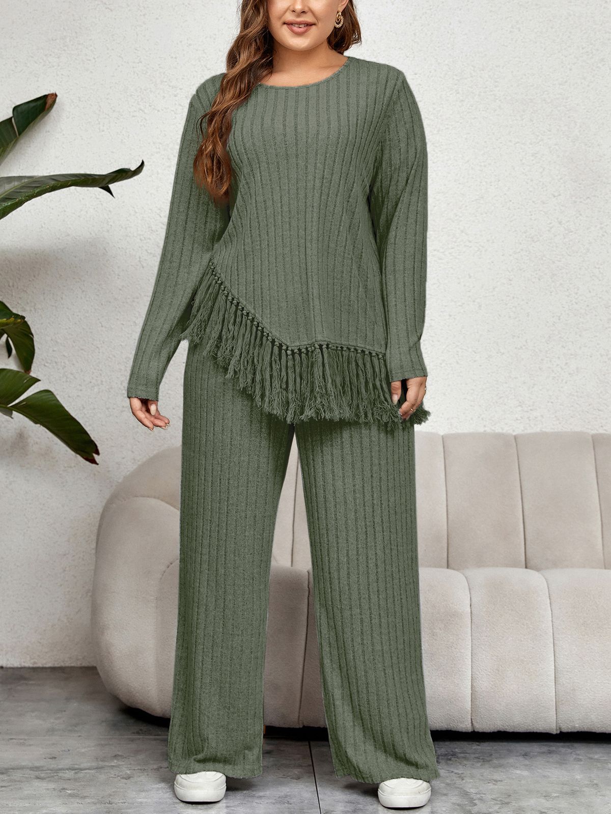 Bohemian Fringe Long Sleeve Top & Wide-Leg Pants Set – Artistic & Free-Spirited Style_ecoleips.com
