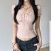 French Girl Style Square Neck T-Shirt for Women Ruffled Bust Section Lace Patchwork Puff Sleeve Tie up 2025 New Fashion_ecoleips.com