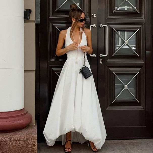 Women's Clothing High End Long Skirt White Halter Neck A Line Tutu Skirt Female Spring Temperament Inner Wear High Waist Dress_ecoleips.com