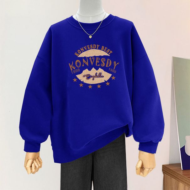 Women's Korean Style round Neck Fleece Lined Thickened Sweatshirt Autumn Winter Loose Letter Long Sleeve Top_ecoleips.com