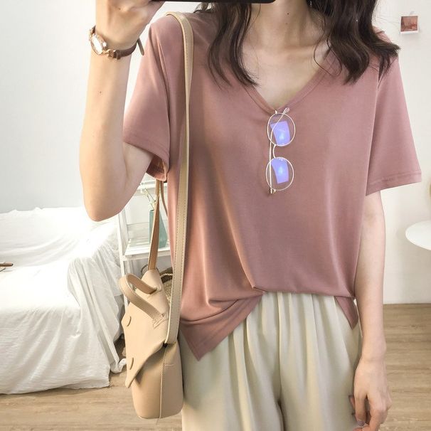 2025 Summer New Loose Short-sleeved Women's T-shirt Trendy V-neck Top_ecoleips.com