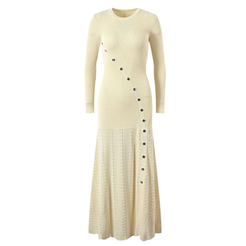 Fashionable Temperament Long Sleeved Woolen Round Neck Metal Diagonal Buckle Side Slit Bottom Slim Fit Dress_ecoleips.com