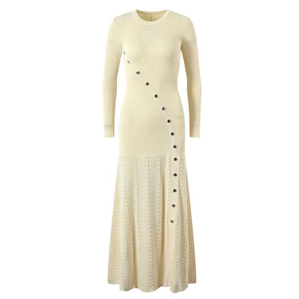 Fashionable Temperament Long Sleeved Woolen Round Neck Metal Diagonal Buckle Side Slit Bottom Slim Fit Dress_ecoleips.com