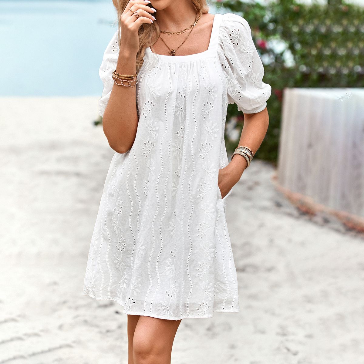 Diyun European And American Solid Color Square-neck For Women, 2023 Summer Elegant Hollow-out Jacquard_ecoleips.com