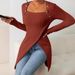 European And American Cross-border Women's Clothing 2026 Solid Color Long-sleeve Knitted Square-neck Irregular T-shirt_ecoleips.com