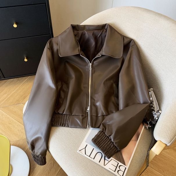 Women's Clothing Chic Retro High-End Motorcycle Jacket Collared Zip Up Leather Coat For Petite Women Long Sleeve For Formal & Casual_ecoleips.com